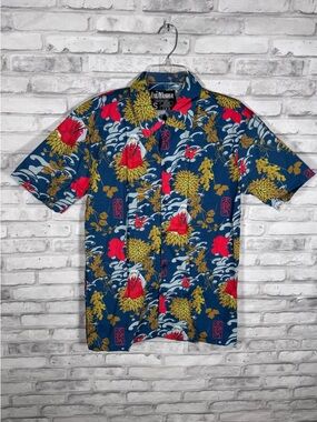 Lootcrate Inuyasha Aloha Blue Floral Short-Sleeve Button-Down Cotton Shirt